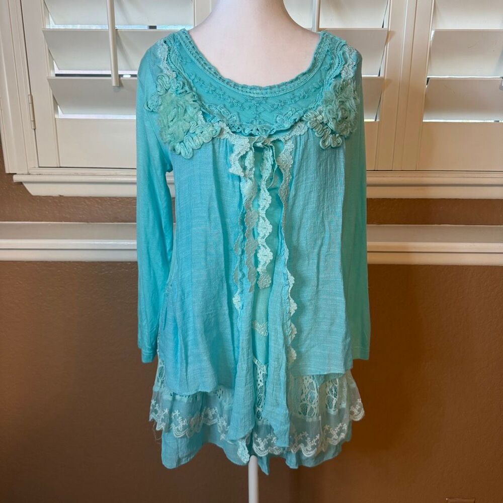 New Vintage Pretty Angel Turquoise Tunic Top Ruffles Size S Trendy Boho Chic Y2K
